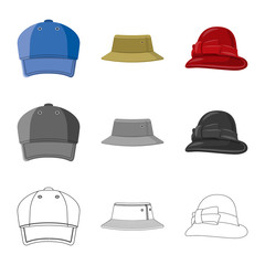 Vector design of headgear and cap sign. Collection of headgear and accessory stock symbol for web.