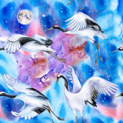 Chinese Japanese cranes fly in the sky. Birds in flight against the background of the night sky. Watercolor. Illustration. Template. Wallpaper. Hand drawn. Close-up. Clipart