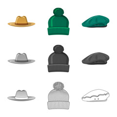 Vector design of headgear and cap symbol. Set of headgear and accessory stock vector illustration.