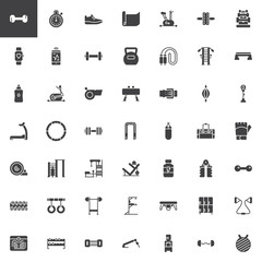 Gym Equipment vector icons set, modern solid symbol collection, filled style pictogram pack. Signs, logo illustration. Set includes icons as Dumbbell, Stationary bike, Kettlebell, Treadmill, Barbell