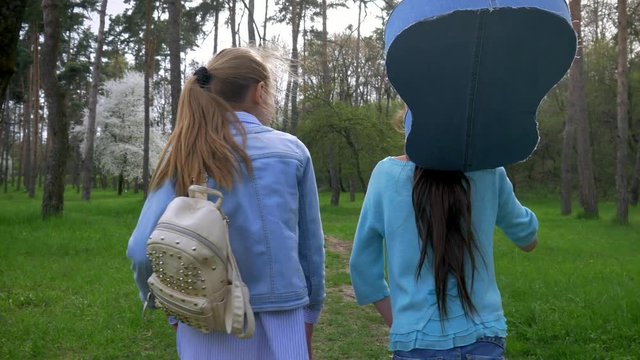 Two little girlfriend walk in the Park with acoustic guitar on shoulder. concept emotions and joy