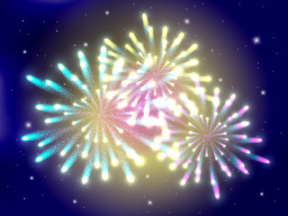 Fototapeta premium Three explosion fireworks on night sky. Vector illustration