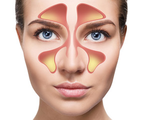 Female face shows nasal sinus with cold over white background. - 224391501