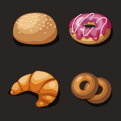 Cute set of cartoon fast food vector isons, isolated on black burger, donut, croissant, bagel