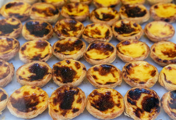 Pasteis de nata typical Portuguese egg tart over dark background.