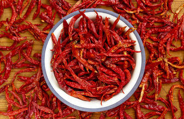 Fototapeta premium Dried red chillies in plate on wooden background.