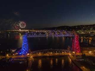 Fireworks in Duluth, Minnesota Seen from Above with the Aerial Lift Bridge in the Foreground