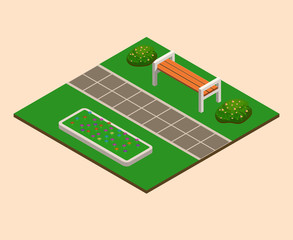 Isometric green summer city park concept, trees, bushes, benches, beds, flower beds, garbage. Landscaping  composition. Vector illustration