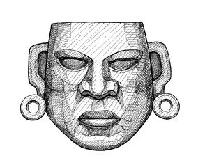 ancient jade mexican mask, vintage hand drawing