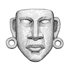 ancient jade mexican mask, vintage hand drawing