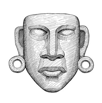 ancient jade mexican mask, vintage hand drawing