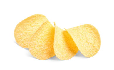 Fototapeta na wymiar Tasty crispy potato chips on white background