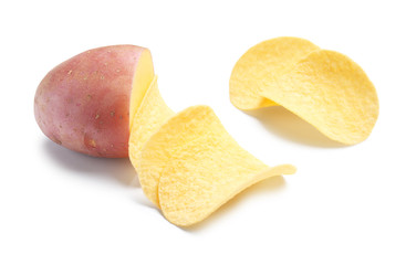 Raw potato and tasty chips on white background