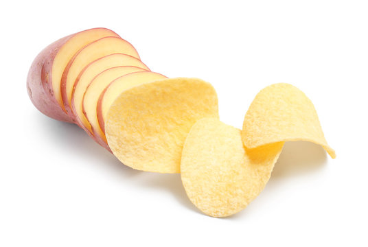 Raw potato and tasty chips on white background