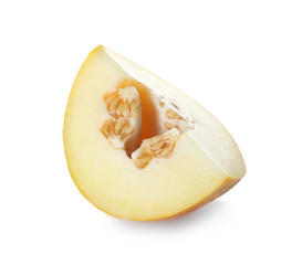 Piece of tasty ripe melon on white background