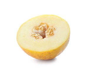 Piece of tasty ripe melon on white background