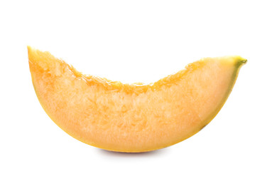 Slice of tasty ripe melon on white background
