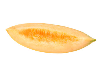 Slice of tasty ripe melon on white background, top view