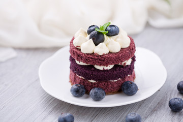 Blueberry cheesecake on white plate on wooden table, birthday party, corporate event or wedding celebration