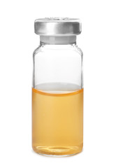 Medical vial with solution for injection on white background