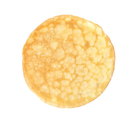Tasty thin pancake on white background, top view