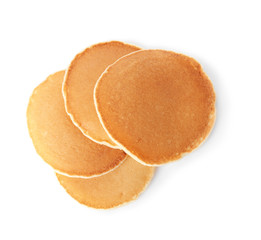 Tasty pancakes on white background, top view