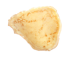 Hot tasty thin pancake on white background