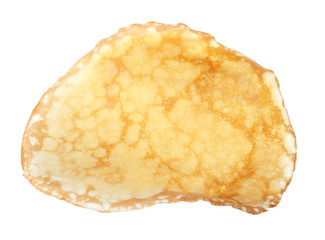 Hot tasty thin pancake on white background