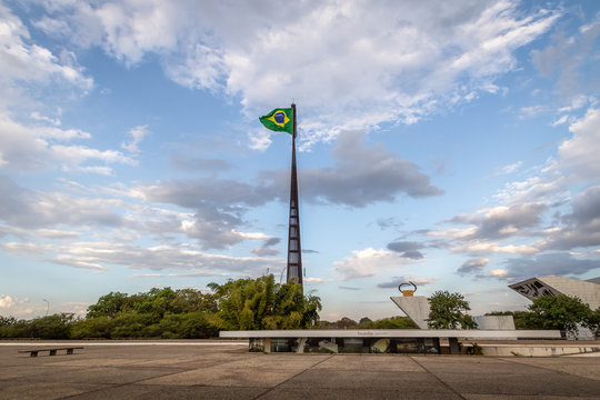 Three Powers Plaza (Praca dos Tres Poderes) and Brazilian Flag - Brasilia, Distrito Federal, Brazil