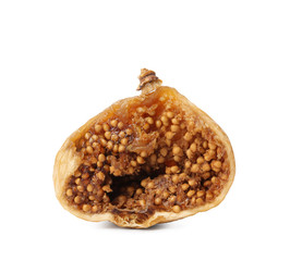 Half of delicious dried fig on white background. Organic snack
