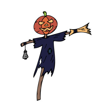 Happy halloween color vector icon pumpkin head scarecrow. Trick or treat. Cute doodle, spooky element. Graveyard, monster, fall celebration. Witchcraft and magic art. Vector illustration. Background.