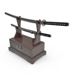 Double Katana Sword Stand With Drawer. 3D Illusration, render, isolated, white background