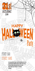 Happy Halloween invitation card with spiderweb and text.