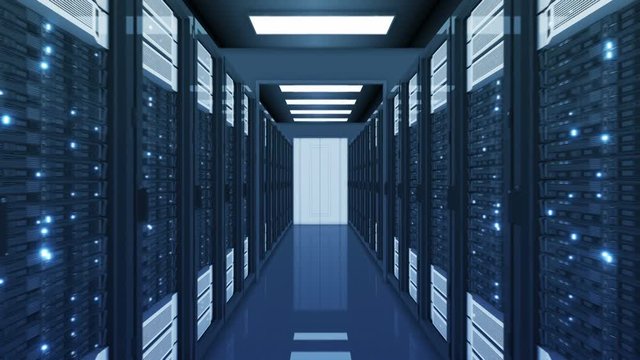 Beautiful Blue Datacenter Server Room Flying Through. Abstract 3d Animation of Computer Rows Servers Racks in Data Center with Flickering Lights Seamless. Digital Technology Concept. 4k UHD 3840x2160