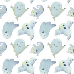 watercolor pattern Halloween wiht fun ghosts