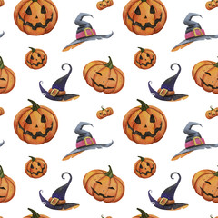 watercolor pattern Halloween wiht funny pumpkins and  hat.