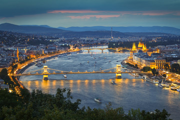 Naklejka premium View of Hungarian Parliament and river Danube from Citadella in Budapest, Hungary..