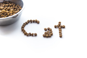Writing cat with dried pet foods with bowl, isolated