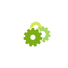 Gears icon isolated on white. Combination of three green pinions one behind other.