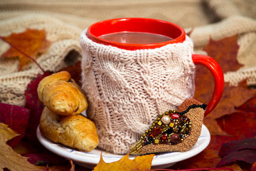 Coffee mug in maple leaves and jacket