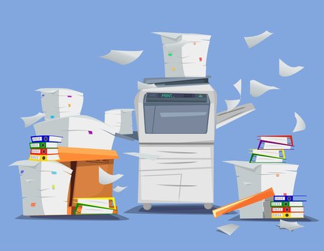 Office Multifunction Printer scanner. A lot of documents and papers Isolated Flat Vector Illustration