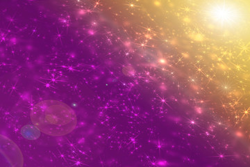 Purple space stars constellation and sun flare defocused pattern wallpaper. A supernova flash.