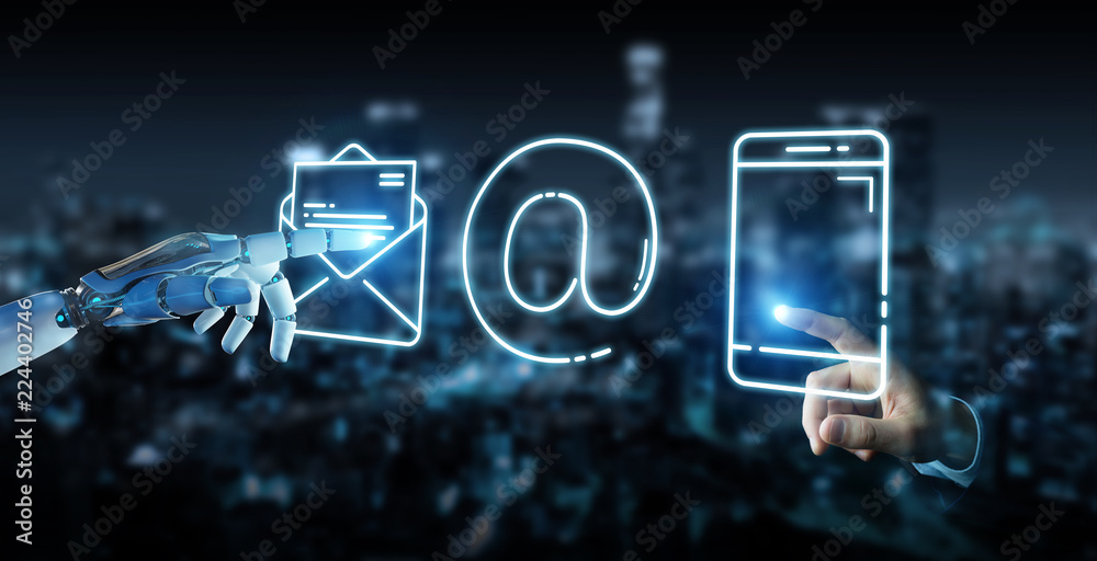 Poster white cyborg using thin line contact icon