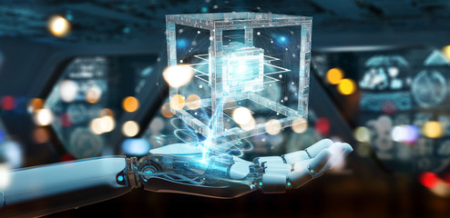 White robot hand creating future technology structure 3D rendering