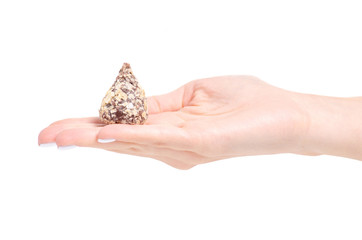 Chocolate candy in hand on a white background isolation