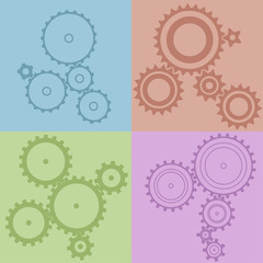 A set of 20 different gears, different colors and dimensions. Collaboration, technologies