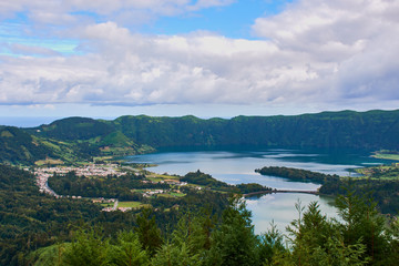 Fototapeta na wymiar View to Sete Cidades, a small village on the Azores on Sao Miguel, beside a big crater lake