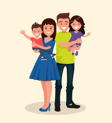 Fototapeta premium Happy family. Father, mother, son and daughter. Parents are keeping on the hands of their children.