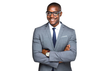 Smiling cheerful isolated portrait of african american business man in stylish suit and glasses