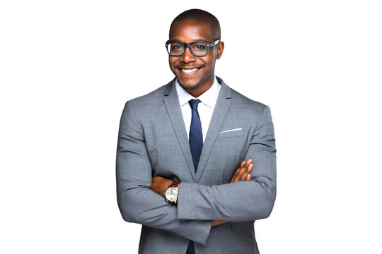 Smiling Cheerful Isolated Portrait Of African American Business Man In Stylish Suit And Glasses